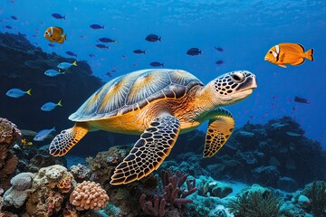 Fototapeta premium Turtle Swimming Below the Surface of the Ocean Surrounded by Tropical Fish and Marine Life