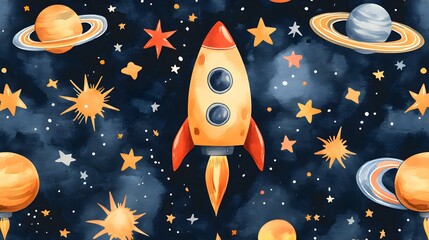 Fototapeta premium Beautiful childish horizontal seamless pattern with hand drawn watercolor kid's space kids drawn illustrations