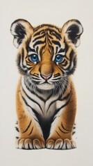 Tiger cub with striking blue eyes, adorable close-up. Wildlife and nature concept