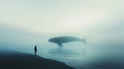 Fototapeta premium blank mockup template filled with a misty ocean at twilight, where a lone silhouette of a person stands on the shore, gazing at a glowing, ethereal whale soul rising from the sea, 