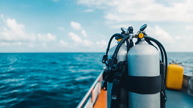 Scuba diving gear on a boat deck with a serene ocean backdrop, ready for underwater exploration on a sunny day.