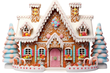 A festive gingerbread house showcasing detailed frosting work and a cheerful assortment of candy decorations. The house is surrounded by decorative snowflakes made of icing