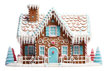 A festive gingerbread house showcasing detailed frosting work and a cheerful assortment of candy decorations. The house is surrounded by decorative snowflakes made of icing