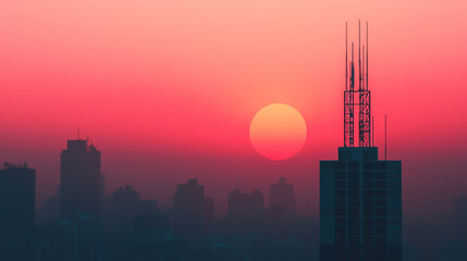 Obraz premium Silhouette of city skyline against a vibrant sunset, with towering skyscrapers and a glowing sun in the background.