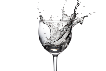 A dramatic shot of fresh water splashing out of a glass filled to the brim, with droplets flying in all directions. The clarity of the water contrasts sharply with the smooth surface of the glass.