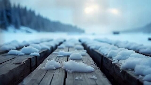Empty wooden table top against blurred winter landscape with snow and trees Happy New Year. Food stand, mock up 