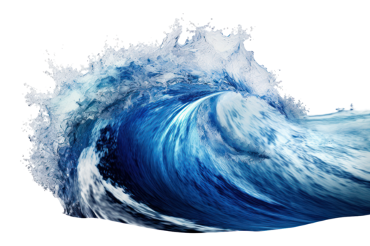 A dramatic blue ocean wave crashing down, displaying powerful energy and a stunning contrast between the deep blue water and the white foam generated upon impact.