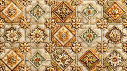 Ornate ceramic tile pattern with floral and geometric designs in warm earthy tones
