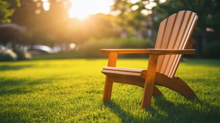 Fototapeta premium Wooden Chair on Lush Green Grass at Sunset