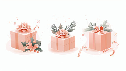 Obraz premium Christmas gifts box set design. Gift boxes minimalist collection with snowflakes pattern, holly berry, spruce and candy cane decoration elements.