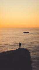 Fototapeta premium blank mockup template filled with a human figure standing on a cliff, looking down at the ocean as the silhouette of a whale swims peacefully in the waters below, 