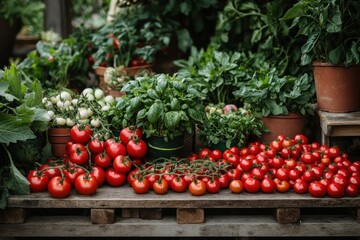 A rustic wooden table displays a vibrant selection of fresh red tomatoes, alongside potted basil, mint, and other herbs.