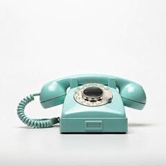 Vintage turquoise rotary telephone on a white background, showcasing retro design and style, AI