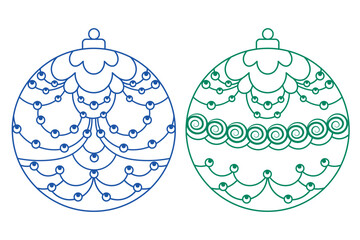 Obraz premium Ornate Christmas baubles with delicate line patterns in blue and green outline style