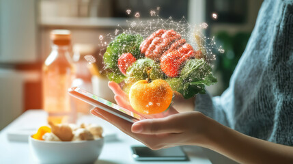 A biohacker adjusting their diet and routines, tracking cognitive improvements through a mobile app