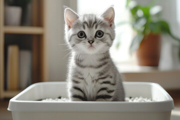 Adorable tabby kitten in a litter box, looking directly at the camera.