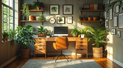 Fototapeta premium A modern home office featuring a desk, computer, and chair, surrounded by lush indoor plants against a vibrant orange wall. 