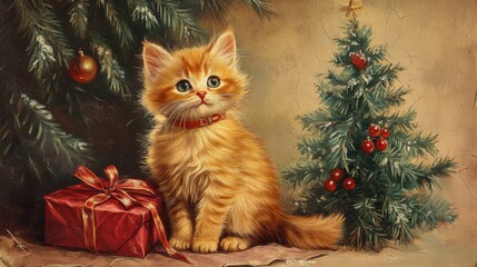 A festive kitty sits next to a Christmas tree, styled as a vintage holiday card with rich and warm tones