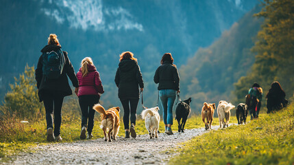 A group of dog owners walking together along a scenic mountain path.