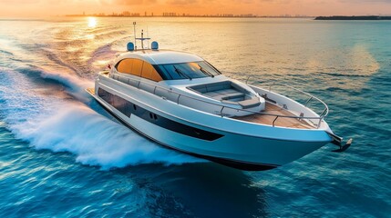 Luxury yacht speeding across ocean at sunset.