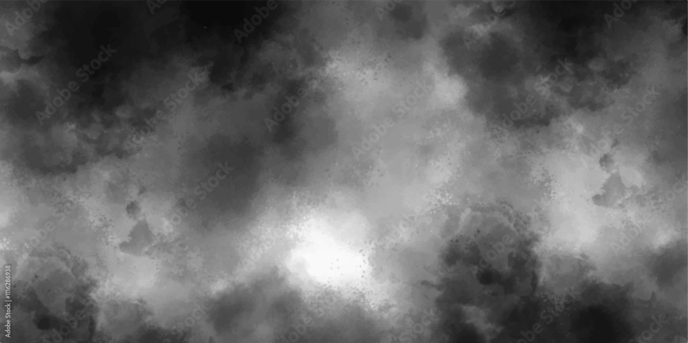 Poster Abstract design with black background and white color smoke fog. Fog and smoky effect artworks design and watercolor. Modern Dark and Dramatic Storm Clouds Area Background
