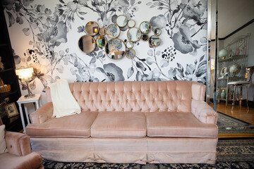 couch at a wedding venue in a bridal suite 