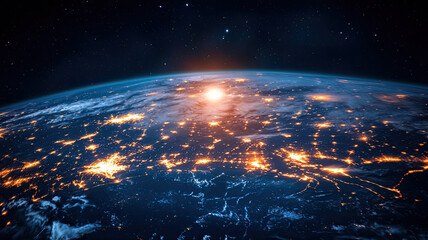 Obraz premium Glowing Earth at night with city lights and stars in view