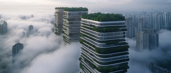 Obraz premium Towering skyscrapers adorned with lush greenery pierce through thick clouds, blending urban architecture and nature in a futuristic cityscape.
