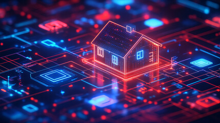 Obraz premium A glowing home icon, with connected smart devices, thermostats, and security systems, all linked by data networks and online control panels. 