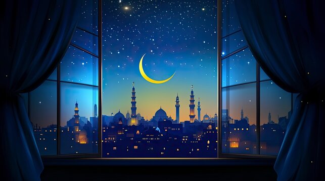 Ramadan Kareem greeting. Islamic city with mosque skyline, crescent moon and stars. View from a window. End of fasting. Hari Raya card. Eid al-Fitr. Breaking of holy fast day. Muslim holiday. 