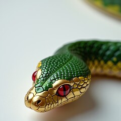 Fototapeta premium Green and gold snake figurine with red eyes on white background