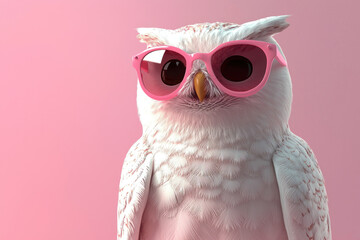 Obraz premium White owl with pink sunglasses on pink background.