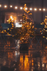 Obraz premium Christmas tree in pot on city street near cafe. Restaurant terrace decorating potted xmas trees. Focus on the Christmas tree in the foreground. lights bokeh.