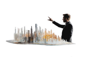 A businessman gesturing towards a floating 3D model of a city, representing futuristic innovation in urban development. His passionate stance and the vibrant model contrast sharply