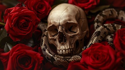 Human Skull Surrounded by Roses and Snake