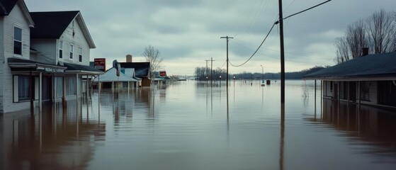 A suburban street transformed into a watery landscape, with houses submerged halfway in a serene yet ominous flood under a cloudy sky.