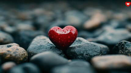 Fototapeta premium Red Heart on Dark Stones - Symbol of Love and Hope