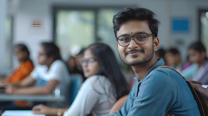 Obraz premium A successful young male Desi student in a university classroom with a group of other students copy space