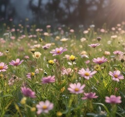 Fototapeta premium Soft pink and yellow wildflowers sway in the breeze, their delicate petals shimmering with dew in a serene meadow, nature's beauty, green meadow, dew-kissed petals