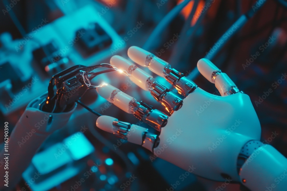 Poster futuristic concept of human-robot interaction with metallic robotic hands connecting over a glowing 
