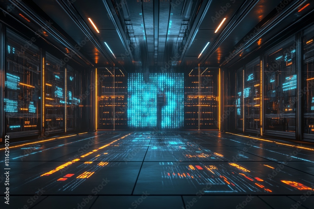 Poster futuristic data center interior with illuminated panels and digital displays, featuring glowing patt