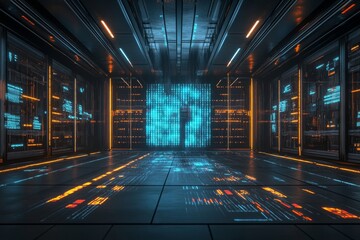 Futuristic Data Center Interior with Illuminated Panels and Digital Displays, Featuring Glowing Patterns and High-Tech Environment for Science and Technology Concepts