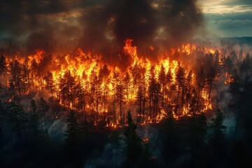 Fototapeta premium intense forest fire scene with flames consuming trees, contrasted with a backdrop of lush greenery, emphasizing the urgent need for environmental protection and awareness of natural disasters