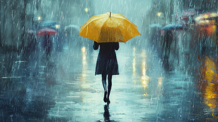Woman walking on rainy day with yellow umbrella 