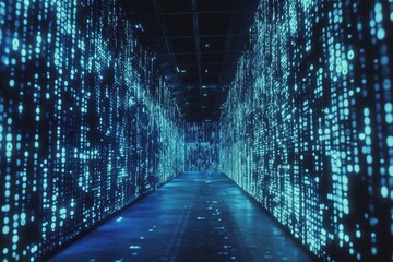 Futuristic Digital Corridor with Glowing Binary Code Representations and Ambient Lighting in an Innovative Virtual Environment