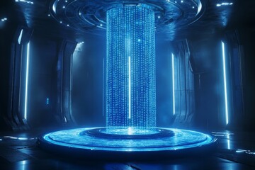 Futuristic Digital Portal with Glowing Blue Data Streams Illuminating a High-Tech Room in a Sci-Fi Environment