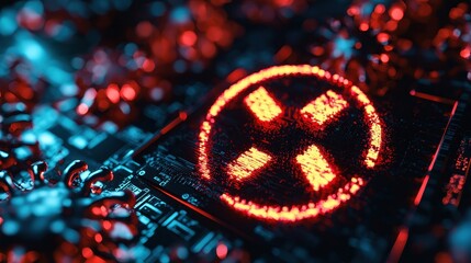 A close-up image of a glowing symbol on a circuit board, featuring vibrant red and blue lights, conveying technology and digital themes.