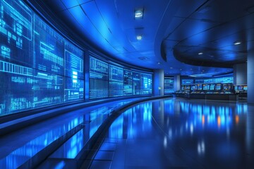 Naklejka premium Futuristic Interior View of a High-Tech Control Room with Interactive Screens and Sleek Design in Captivating Blue Lighting Accompanying Modern Technology Infrastructure
