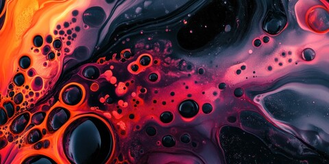 Abstract red and dark blue paint with bubbles, bubbles in the liquid paint