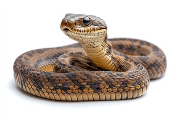Fototapeta premium High-quality, isolated image of a majestic cobra snake in a defensive position on a white backdrop. Generative Ai
